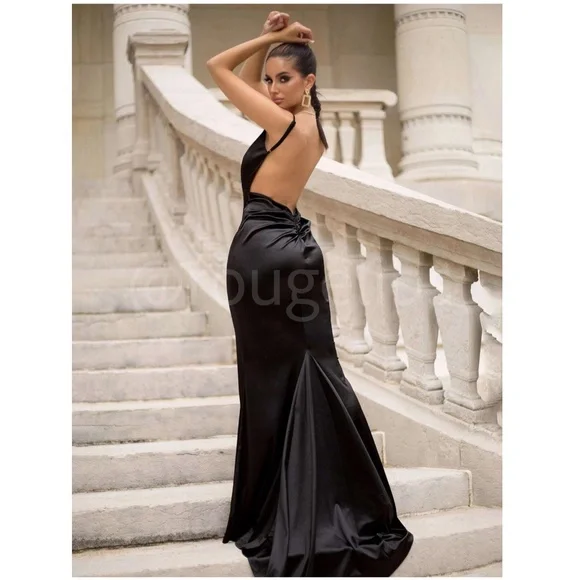 Black Deep V Neck Backless Ruched Long Slip Sheath Dress Evening Gown Prom - Picture 5 of 16